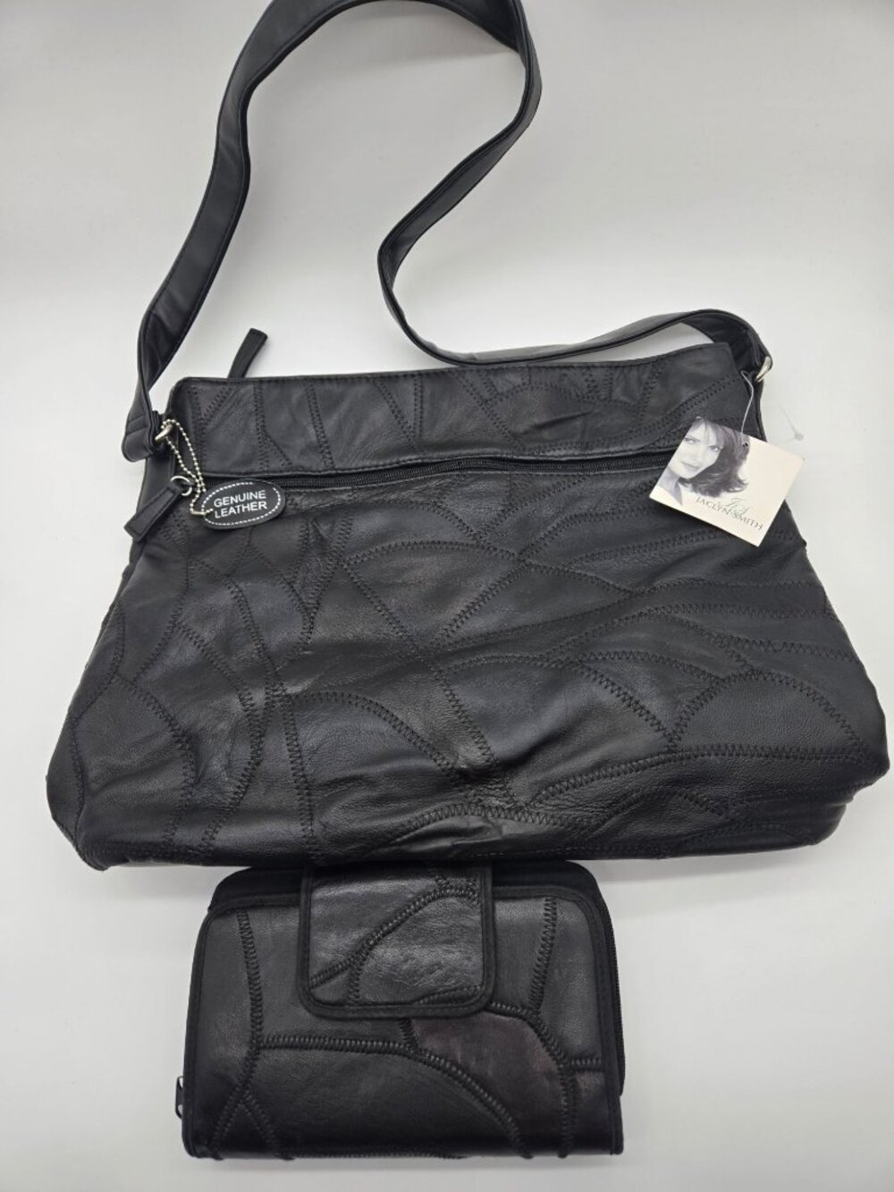 Jaclyn Smith Black Leather Patchwork Shoulder Bag + Matching Wallet Set NWT